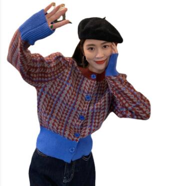 سترة صوفية قصيرة من Houndstooth للنساء لخريف وشتاء 2021 كارديجان صغير متماسك بأسلوب هونغ كونغ جديد وأنيق